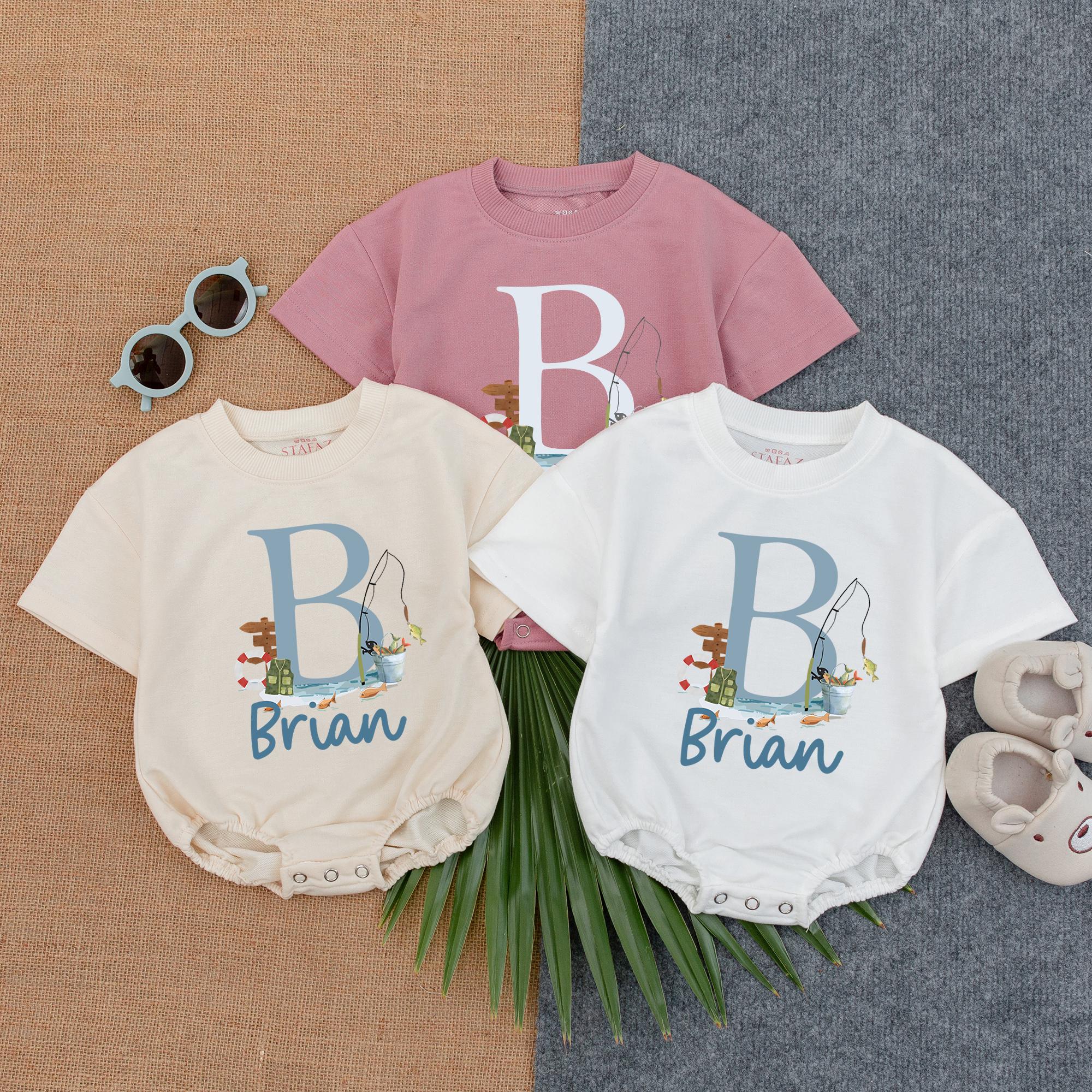 Personalized Baby Boy Romper with Monogram B Watercolor Fishing Design Soft Blue Toddler Summer Outfit Gift Playful Handwritten Name