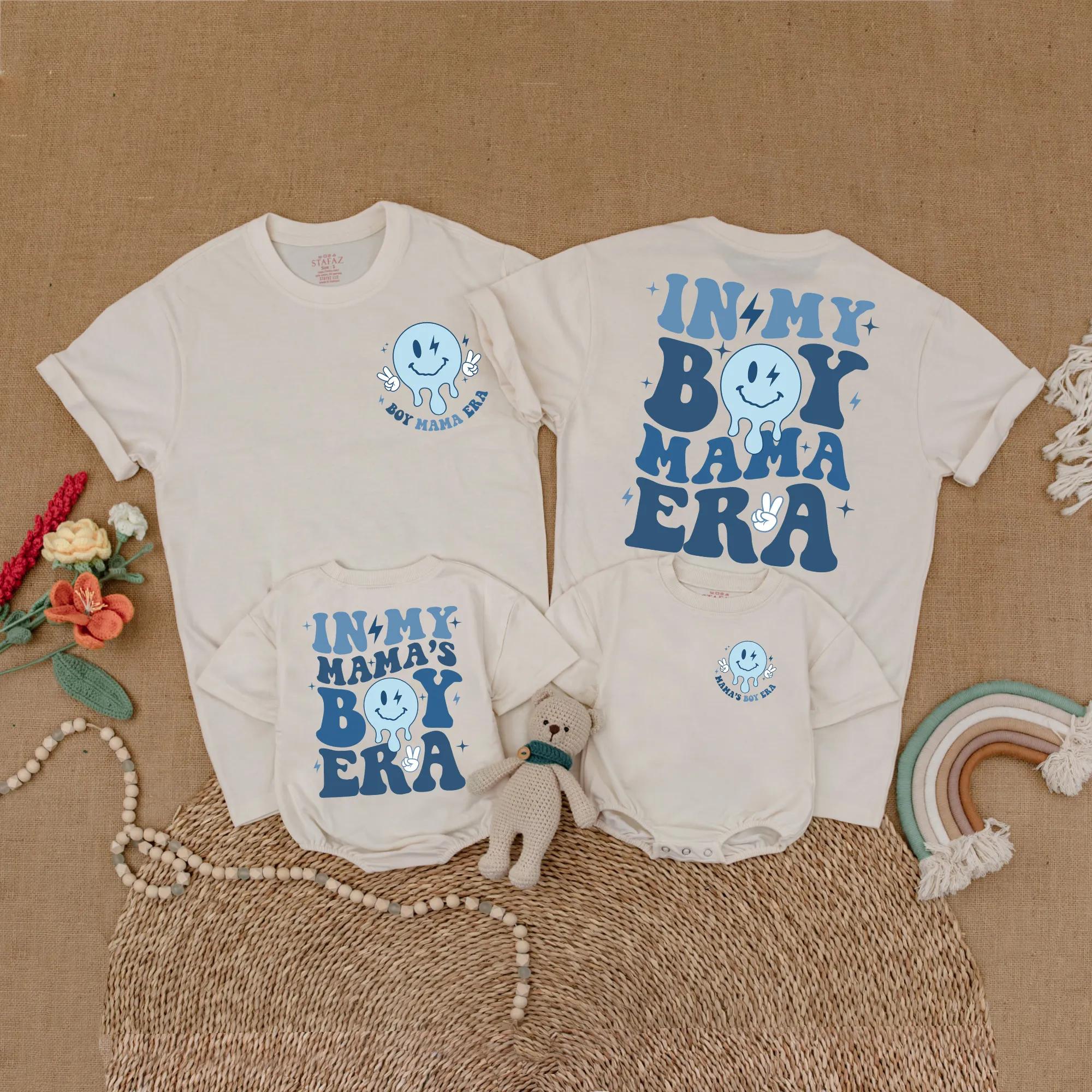 Retro Boy Mama Matching Shirts Nostalgic 70s Style Mom and Baby Blue Smiley Face Family Outfit Personalized Gift