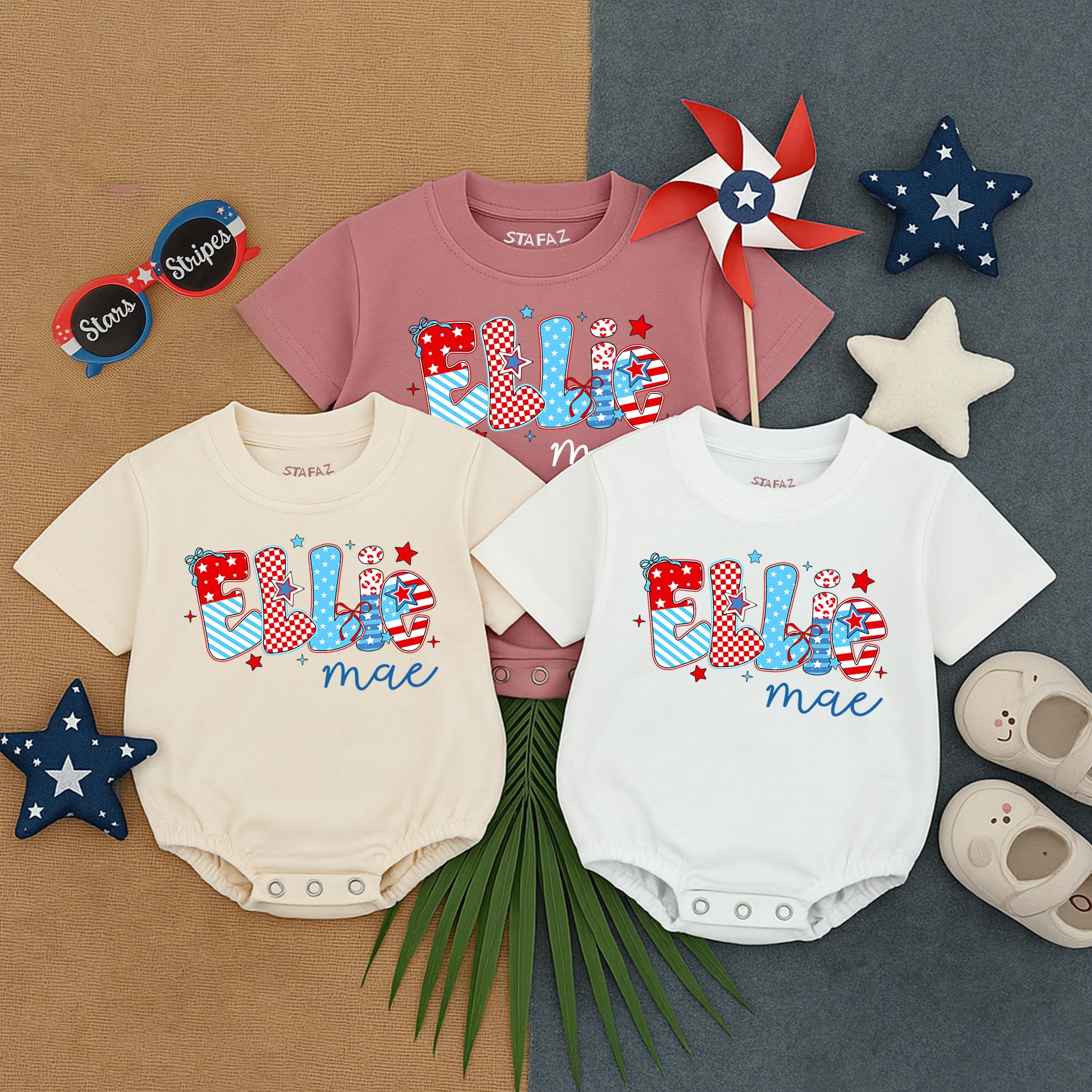 Custom Ellie mae Baby Romper Patriotic 4th of July Outfit Girls Independence Day Celebration Soft Cotton Red White Blue Design