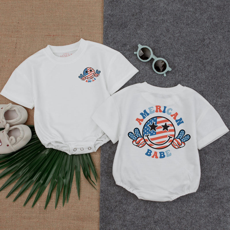 Personalized American Babe T-Shirt Romper for Baby Girls Red White Blue 4th of July Outfit Patriotic Infant Bodysuit Custom Name Summer