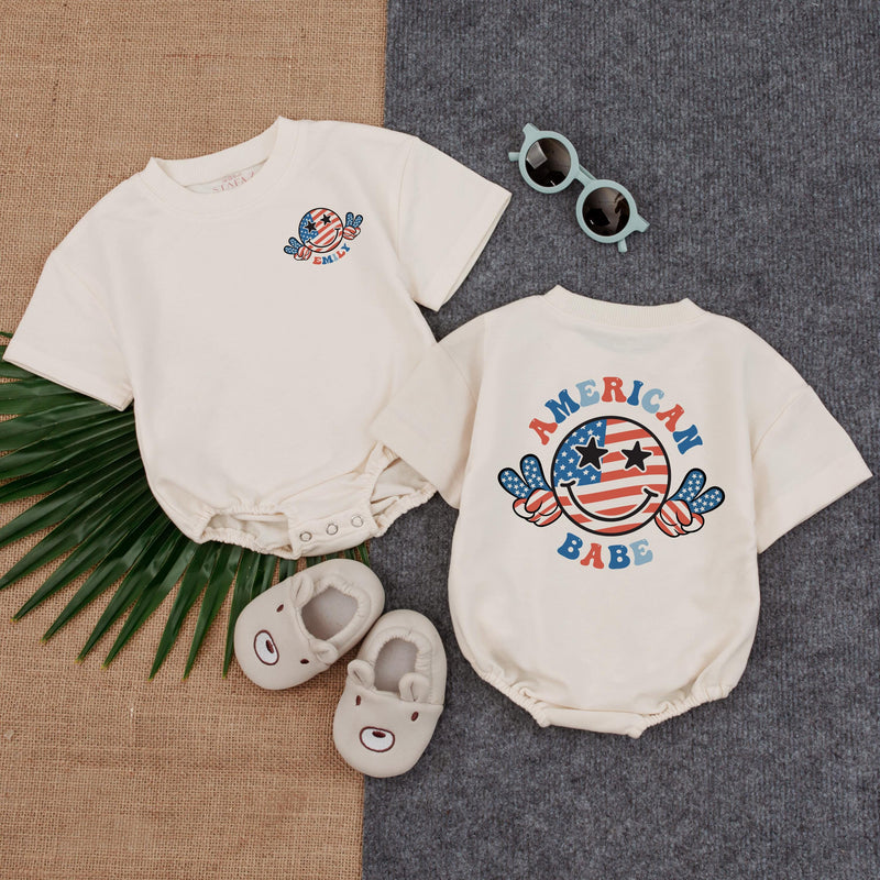 Personalized American Babe T-Shirt Romper for Baby Girls Red White Blue 4th of July Outfit Patriotic Infant Bodysuit Custom Name Summer