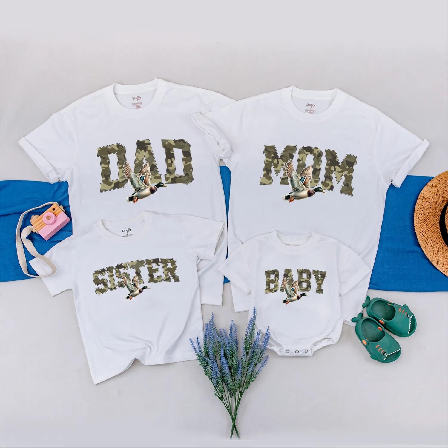 Personalized Camouflage Family Duck Romper Rustic Baby Outfit Hunting Theme Custom Names Cotton Soft Gift for Outdoor Enthusiasts