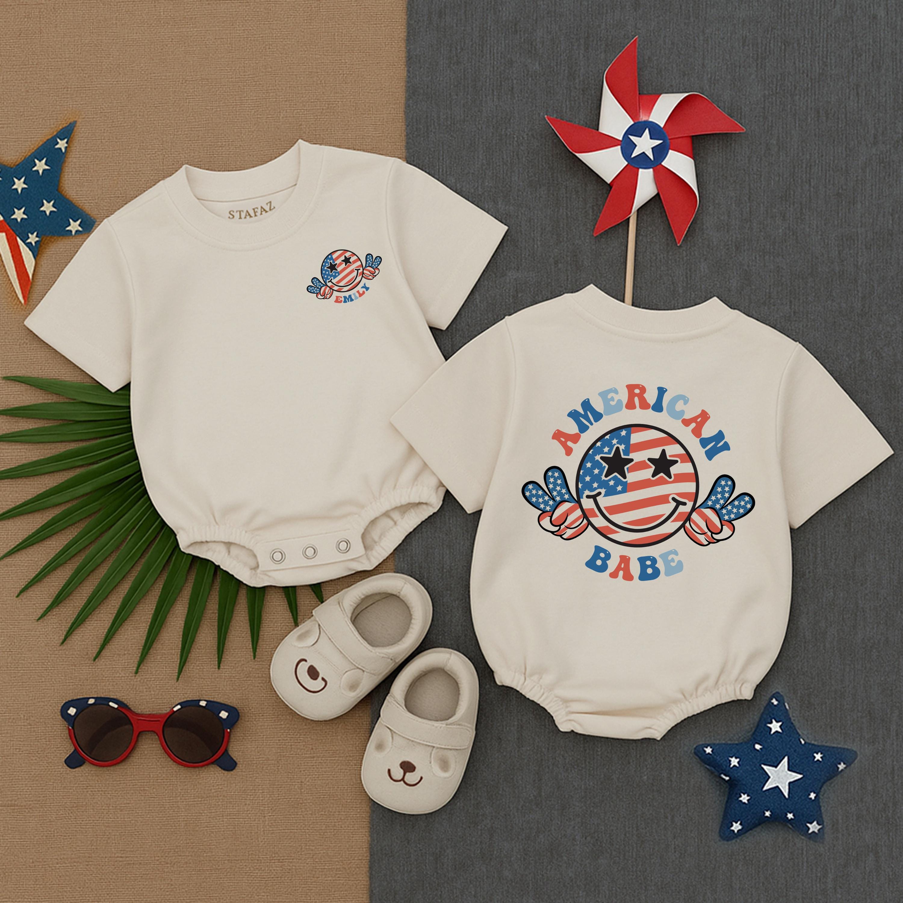 Personalized American Babe T-Shirt Romper for Baby Girls Red White Blue 4th of July Outfit Patriotic Infant Bodysuit Custom Name Summer