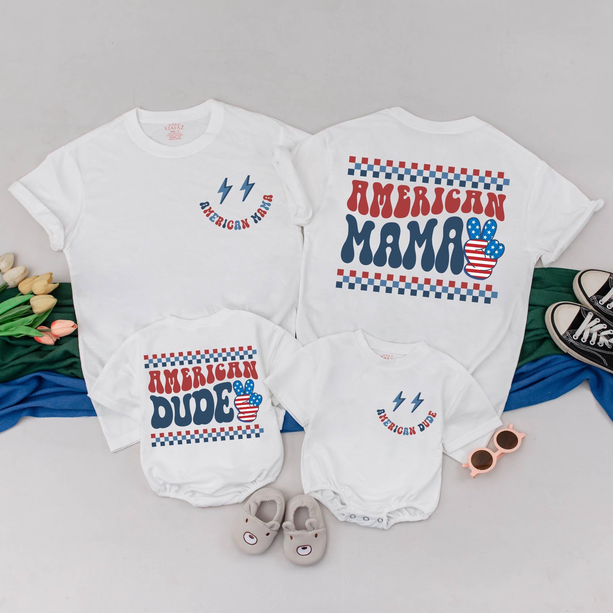 Custom American Mama and Dude Shirts Retro USA Family Matching 4th of July Outfits Patriotic Cotton Baby Toddler Gift