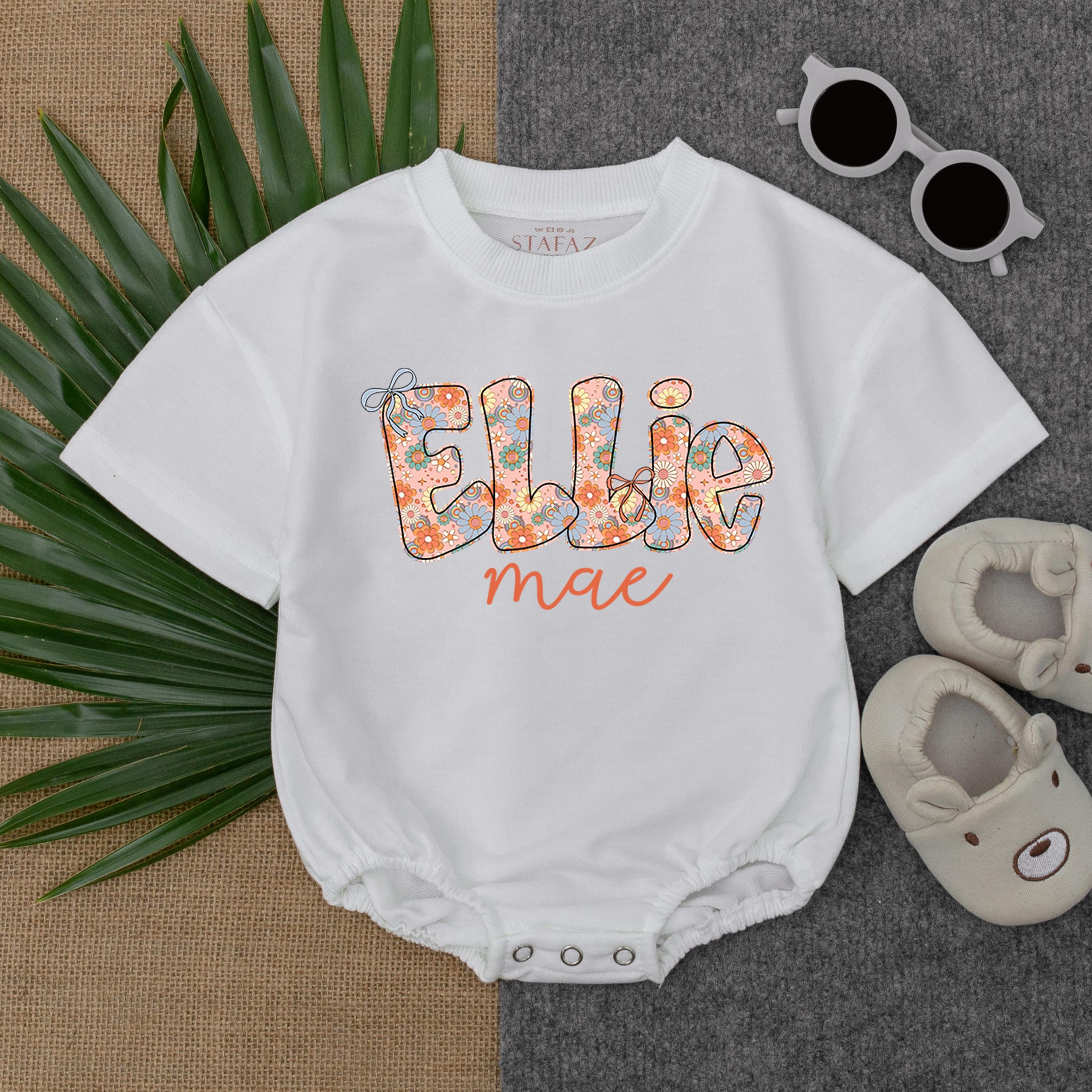Personalized Ellie Mae Floral Baby Romper Custom Girl Outfit Peach Pink Blue Soft Cotton Gift for Birthday Holiday Party
