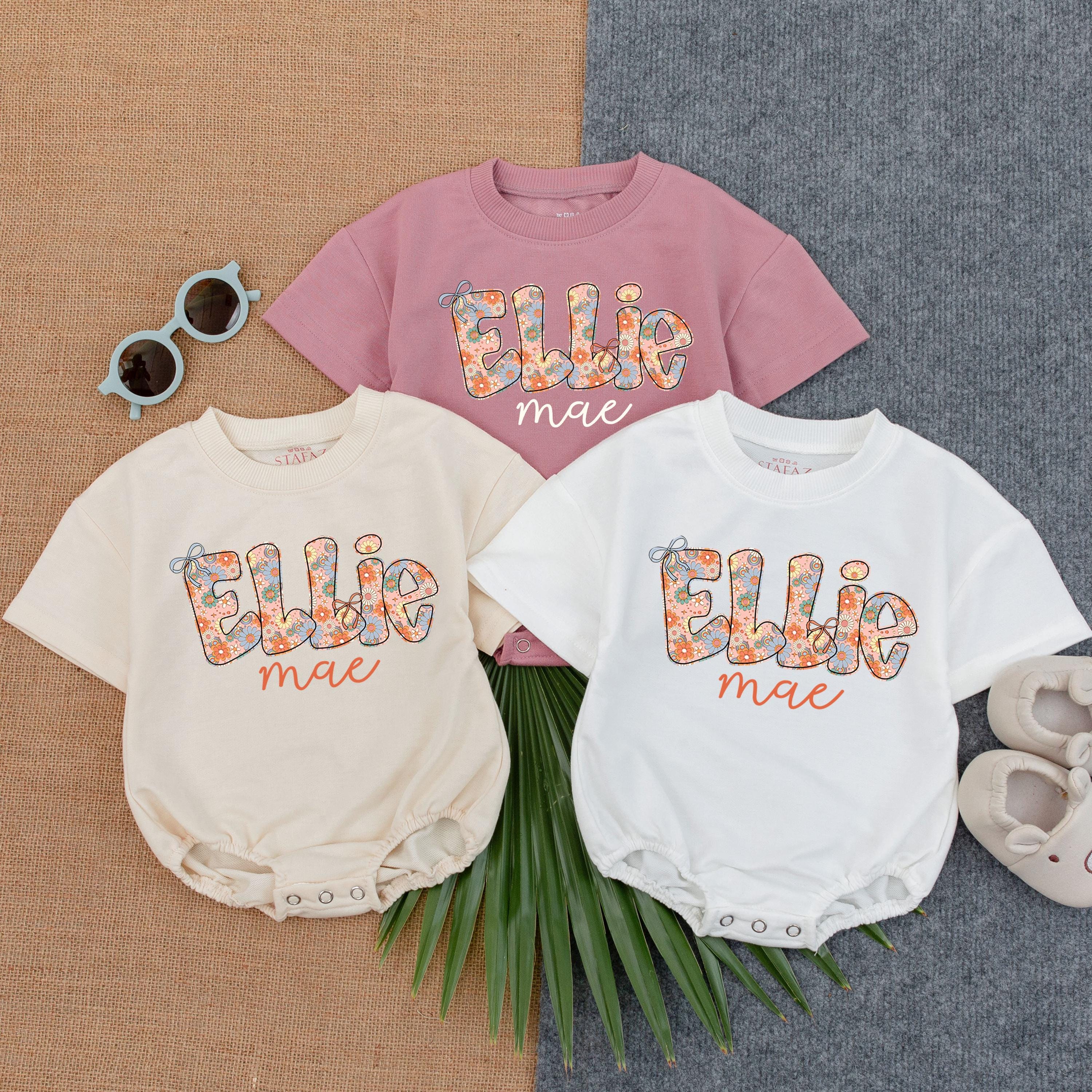 Personalized Ellie Mae Floral Baby Romper Custom Girl Outfit Peach Pink Blue Soft Cotton Gift for Birthday Holiday Party