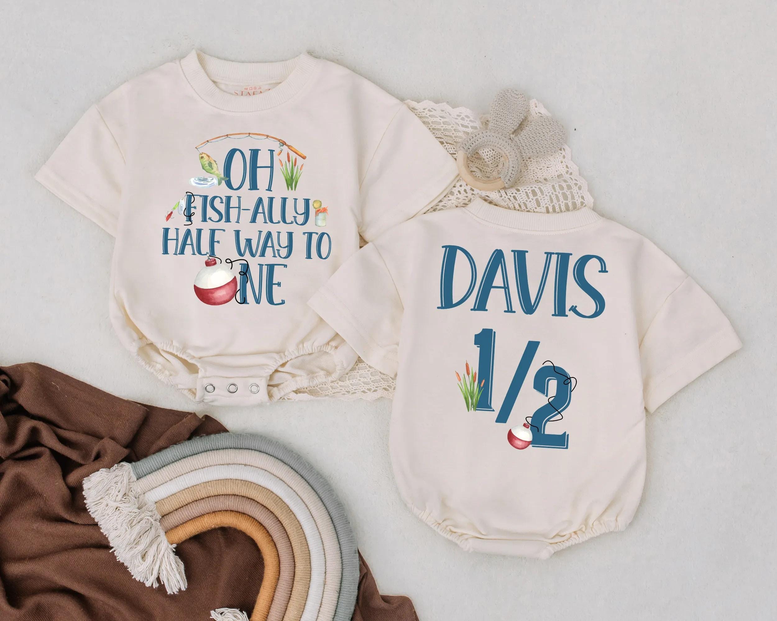 Oh Fish-ally Half Way to One Custom Baby Boy Fishing Outfit Romper 6 Months Birthday Gift Whimsical Fun Design Blue Orange