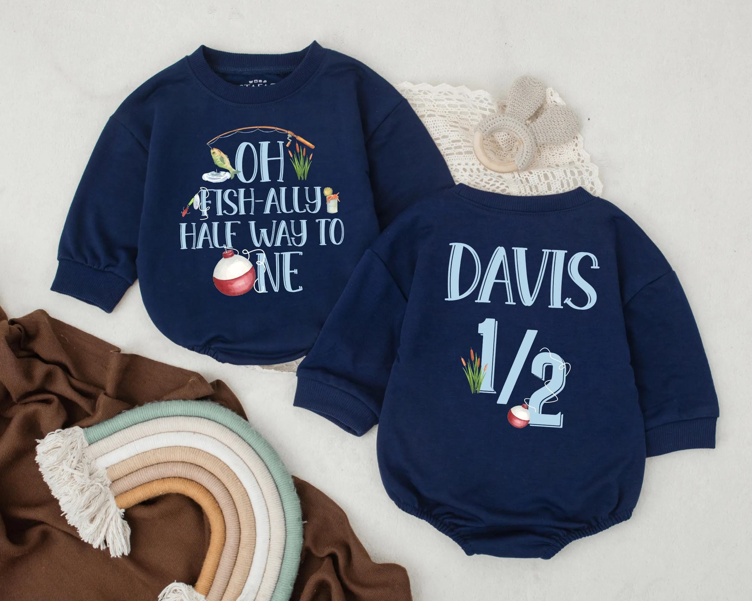 Oh Fish-ally Half Way to One Custom Baby Boy Fishing Outfit Romper 6 Months Birthday Gift Whimsical Fun Design Blue Orange