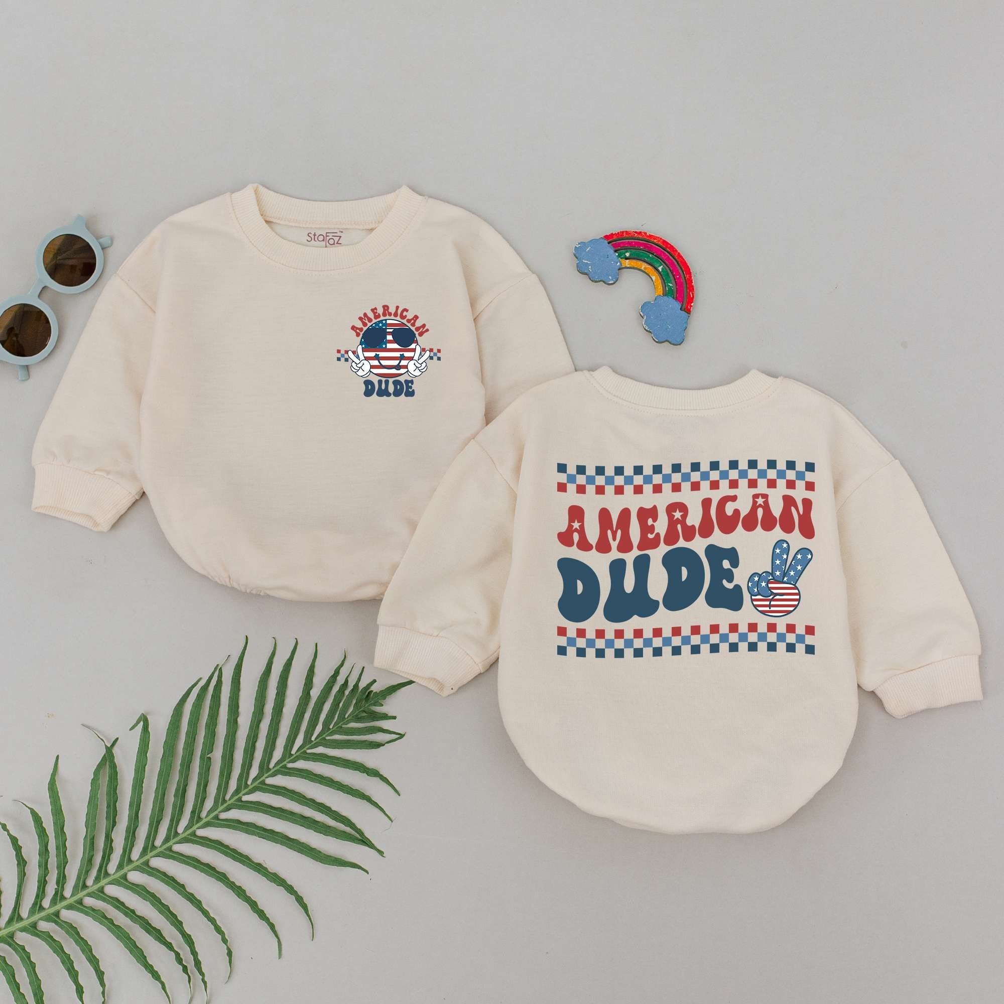 American Dude Baby Romper Red White Blue Peace Sign 4th of July Outfit Soft Cotton Infant Clothes Patriotic Newborn Holiday Fashion