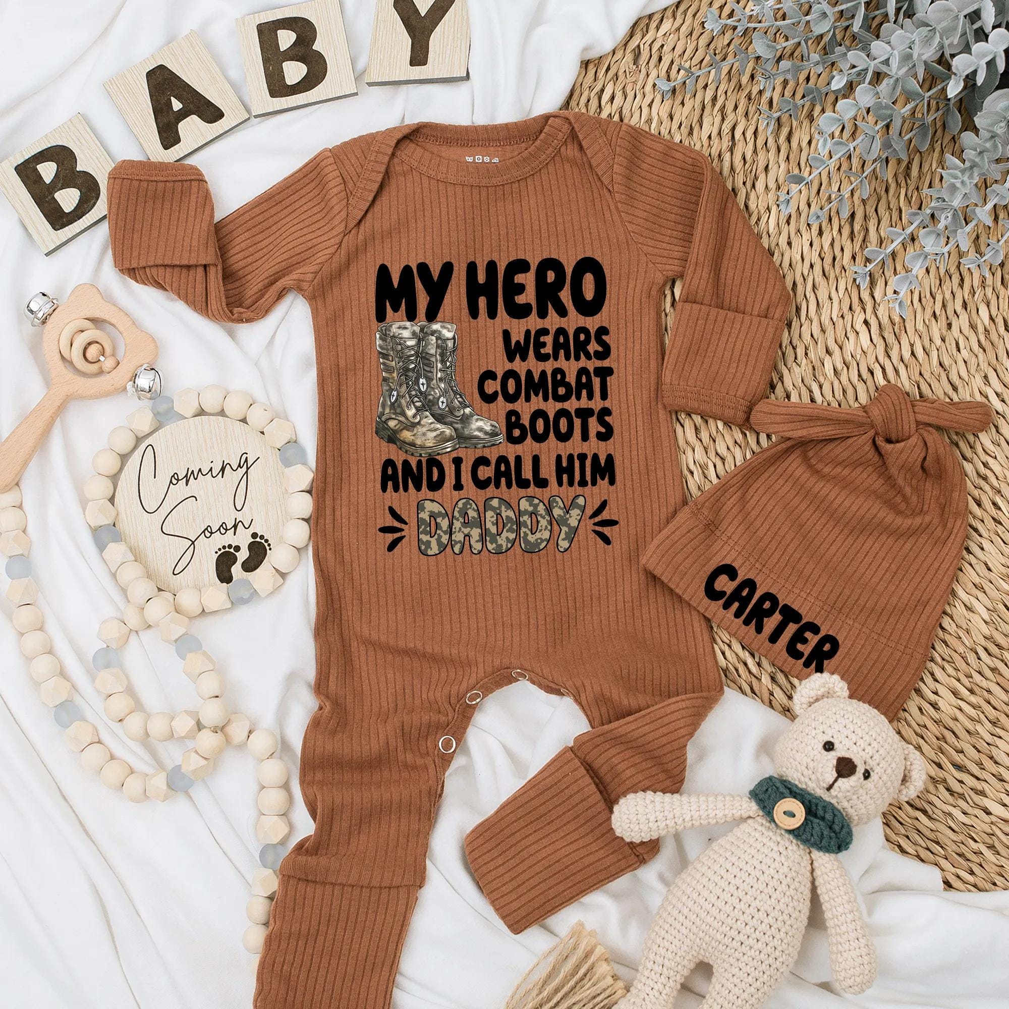 Personalized Baby Bodysuit My Hero Wears Combat Boots Daddy Outfit Soft Cotton Infant Military Gift