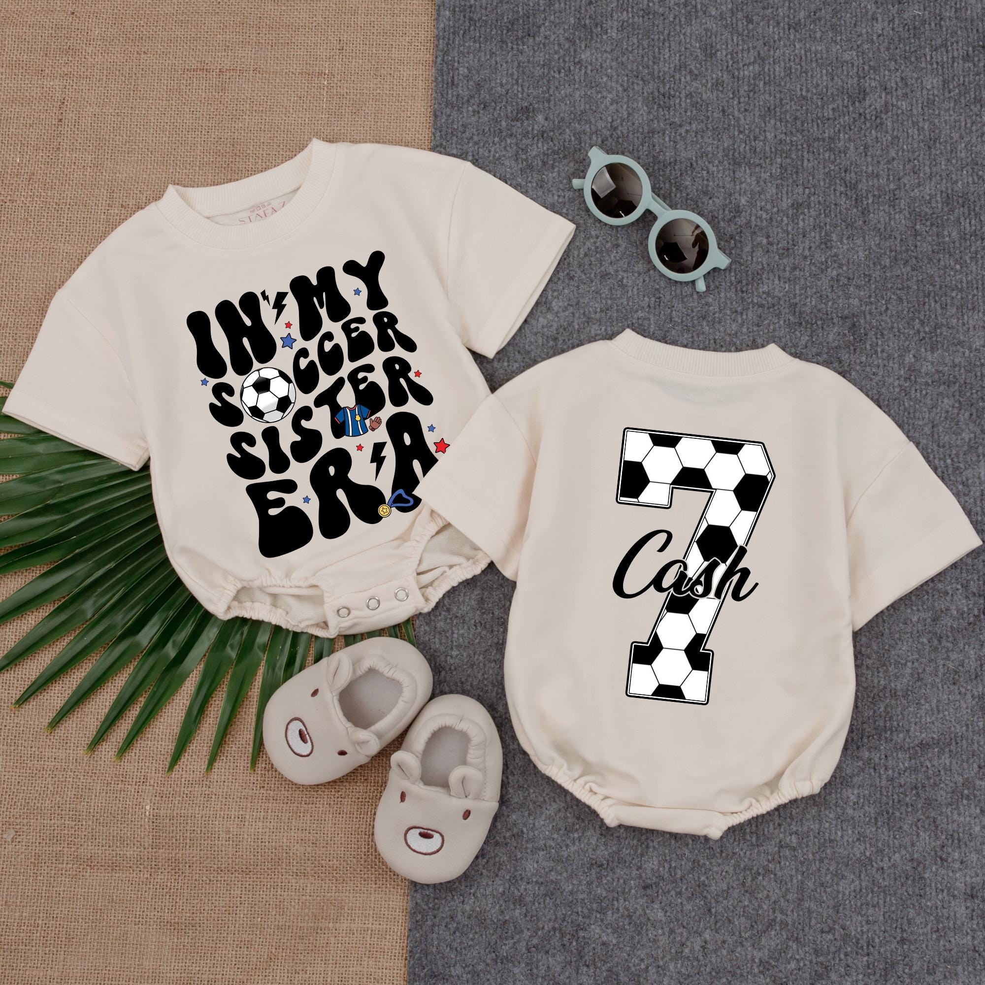 In My Soccer Sister Era Romper with Soccer Ball Pattern Fun Game Day Outfit for Girls Custom Name Gift Cotton Comfortable Playful Style