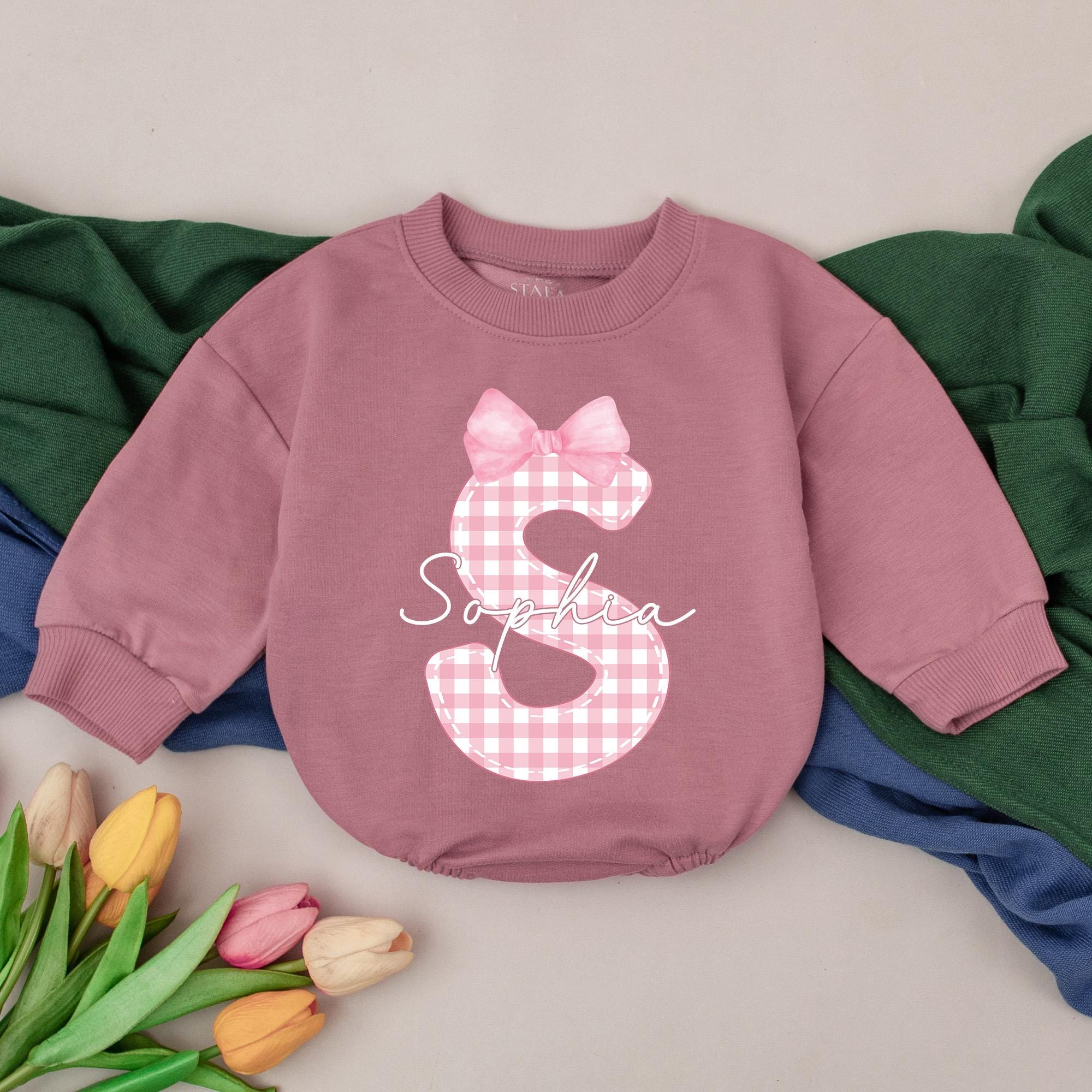 Personalized Baby Girl Romper with Pink Gingham S and Bow Custom Name Sophia Birthday Outfit Soft Cotton Toddler Gift Special Occasion