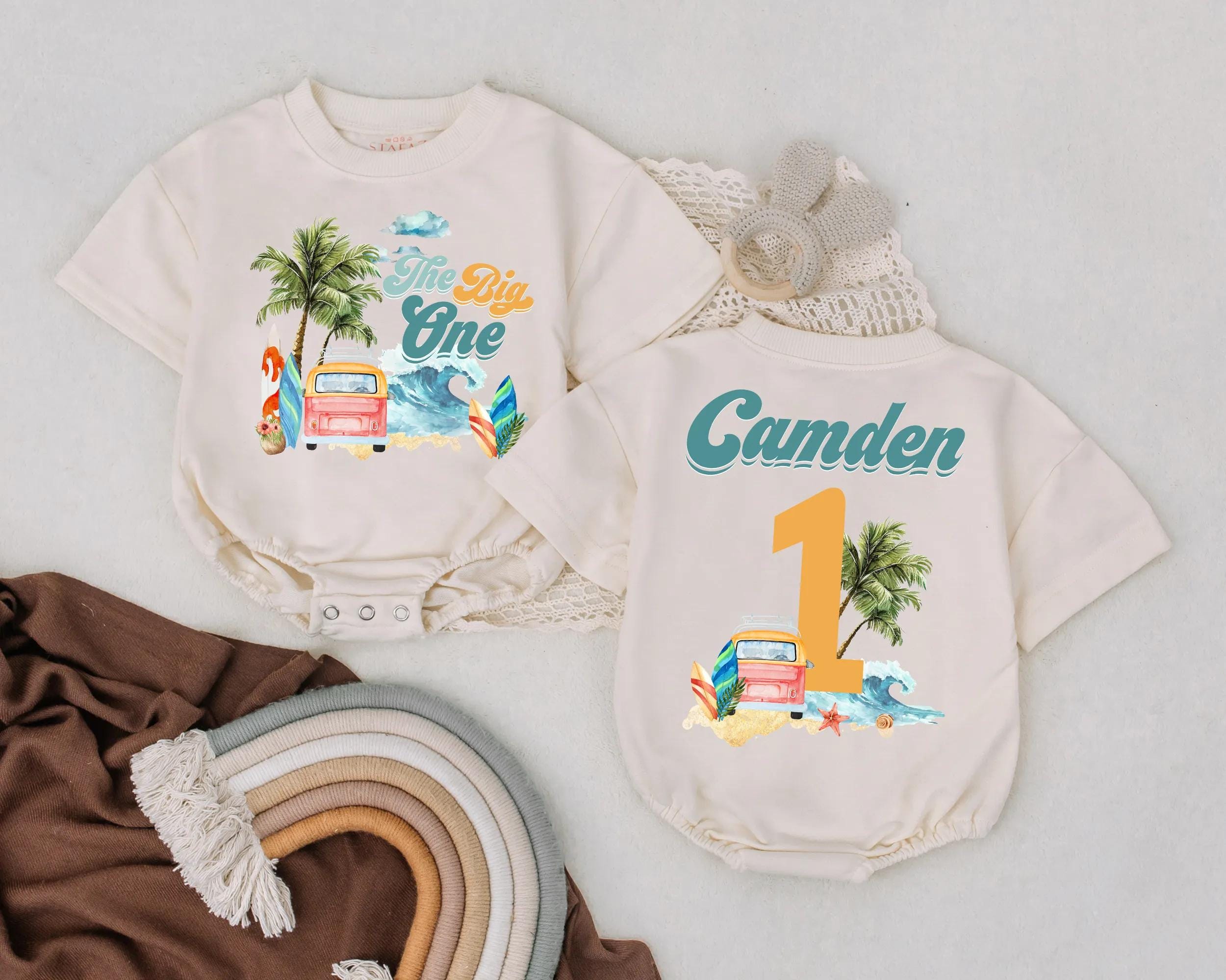 Custom Baby Surf Beach First Birthday Romper Pink Van Palm Trees Soft Cotton Outfit Summer Party Gift Personalized Name The Big One