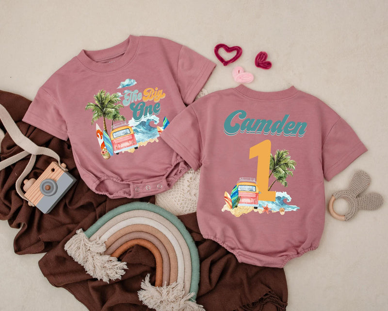 Custom Baby Surf Beach First Birthday Romper Pink Van Palm Trees Soft Cotton Outfit Summer Party Gift Personalized Name The Big One