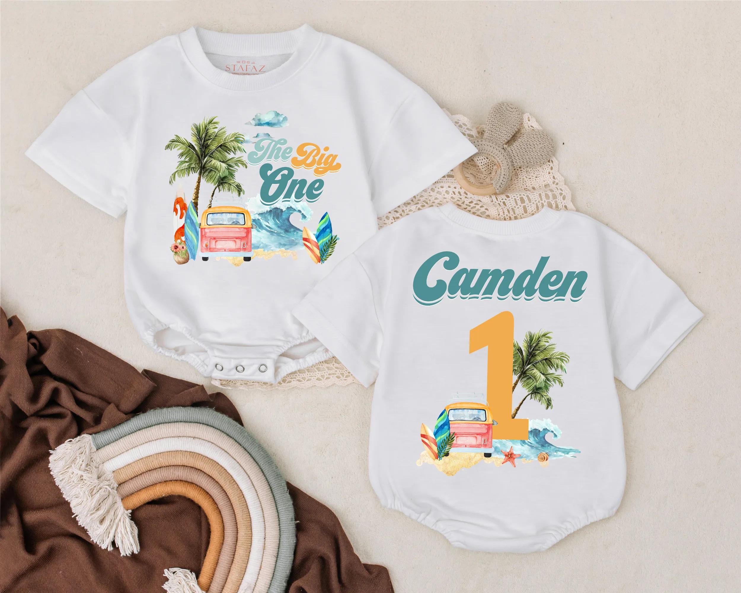 Custom Baby Surf Beach First Birthday Romper Pink Van Palm Trees Soft Cotton Outfit Summer Party Gift Personalized Name The Big One
