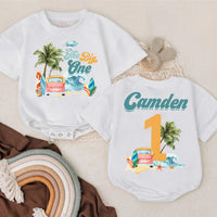 Custom Baby Surf Beach First Birthday Romper Pink Van Palm Trees Soft Cotton Outfit Summer Party Gift Personalized Name The Big One
