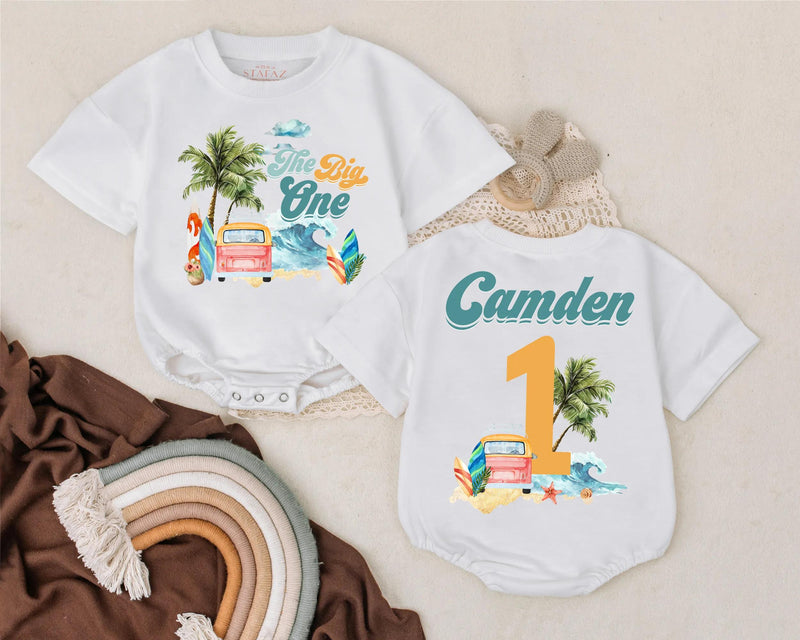 Custom Baby Surf Beach First Birthday Romper Pink Van Palm Trees Soft Cotton Outfit Summer Party Gift Personalized Name The Big One