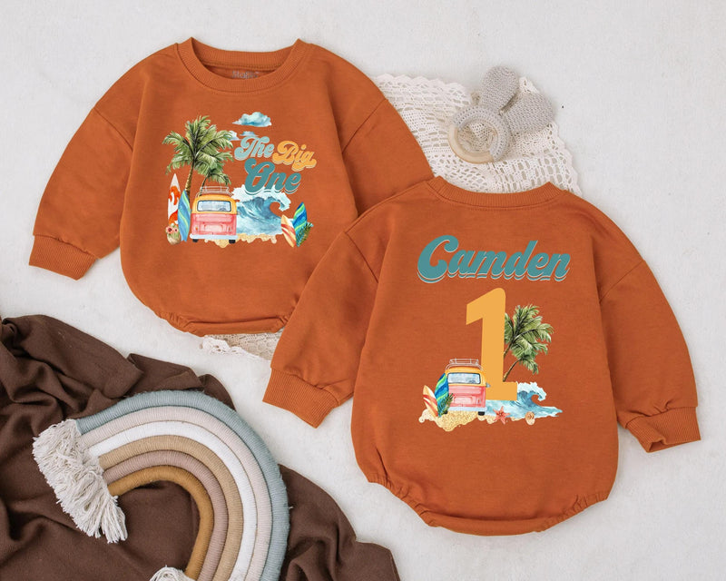Custom Baby Surf Beach First Birthday Romper Pink Van Palm Trees Soft Cotton Outfit Summer Party Gift Personalized Name The Big One