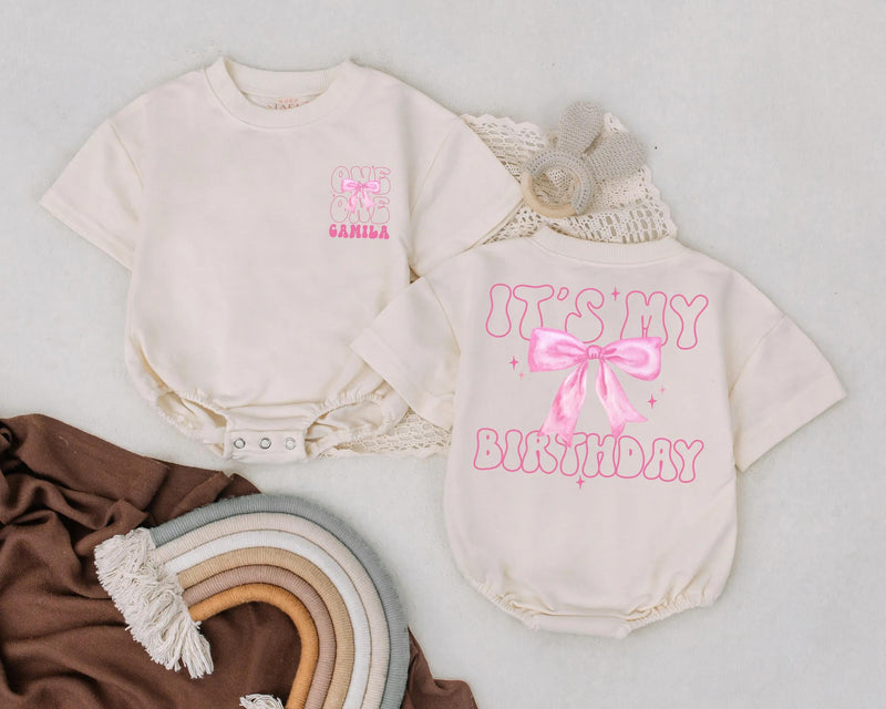 Custom Baby Girl Birthday Romper with Pink Bow and Name One Year Old Soft Outfit Milestone Celebration Clothes Party Gift