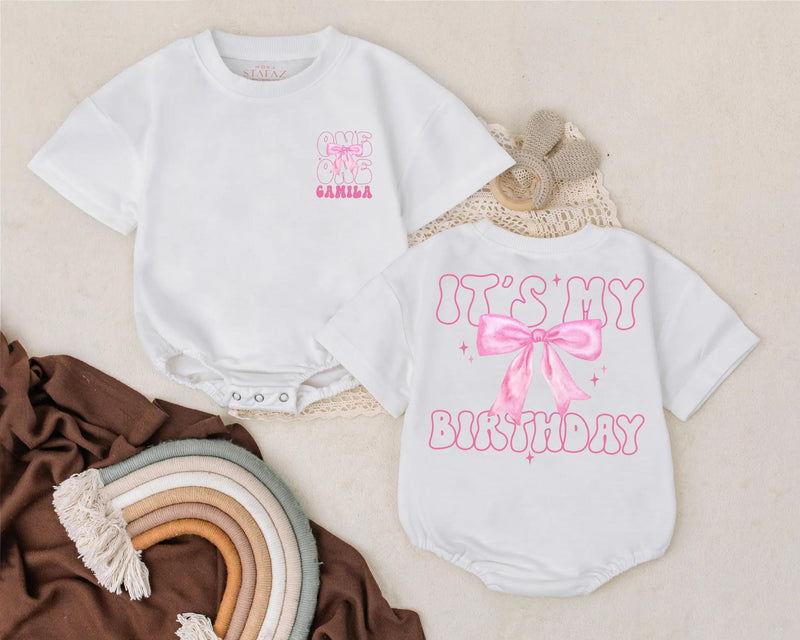 Custom Baby Girl Birthday Romper with Pink Bow and Name One Year Old Soft Outfit Milestone Celebration Clothes Party Gift