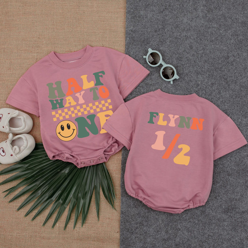 Custom Halfway to One Baby Romper with Retro Smiley Design 6 Month Birthday Outfit Personalized Cotton Bodysuit for Boys or Girls