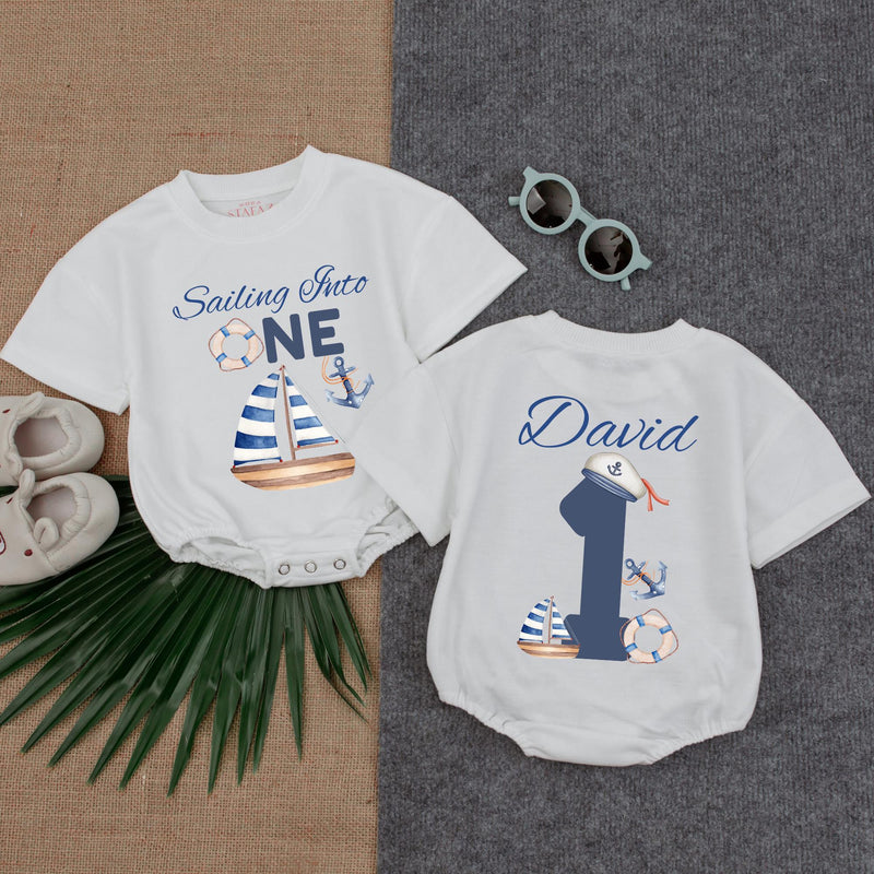 Sailing Into One Custom Name Baby Boy Romper 1st Birthday Outfit Nautical Sailor Design Cotton Soft Comfortable Gift Blue White Red