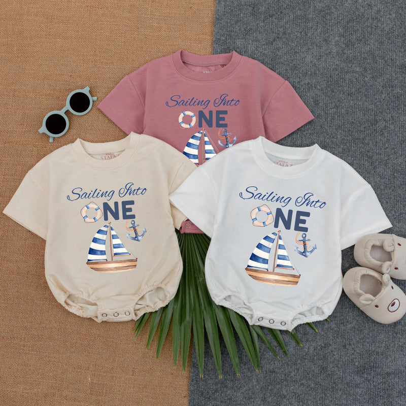 Sailing Into One Custom Name Baby Boy Romper 1st Birthday Outfit Nautical Sailor Design Cotton Soft Comfortable Gift Blue White Red