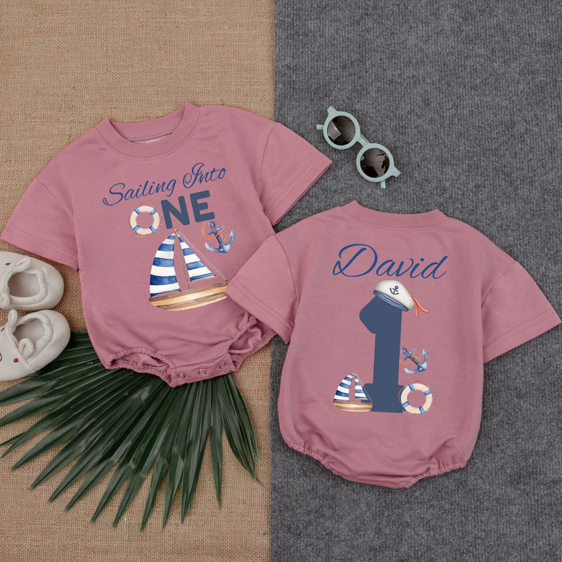 Sailing Into One Custom Name Baby Boy Romper 1st Birthday Outfit Nautical Sailor Design Cotton Soft Comfortable Gift Blue White Red