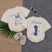 Sailing Into One Custom Name Baby Boy Romper 1st Birthday Outfit Nautical Sailor Design Cotton Soft Comfortable Gift Blue White Red