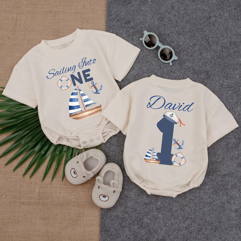 Sailing Into One Custom Name Baby Boy Romper 1st Birthday Outfit Nautical Sailor Design Cotton Soft Comfortable Gift Blue White Red