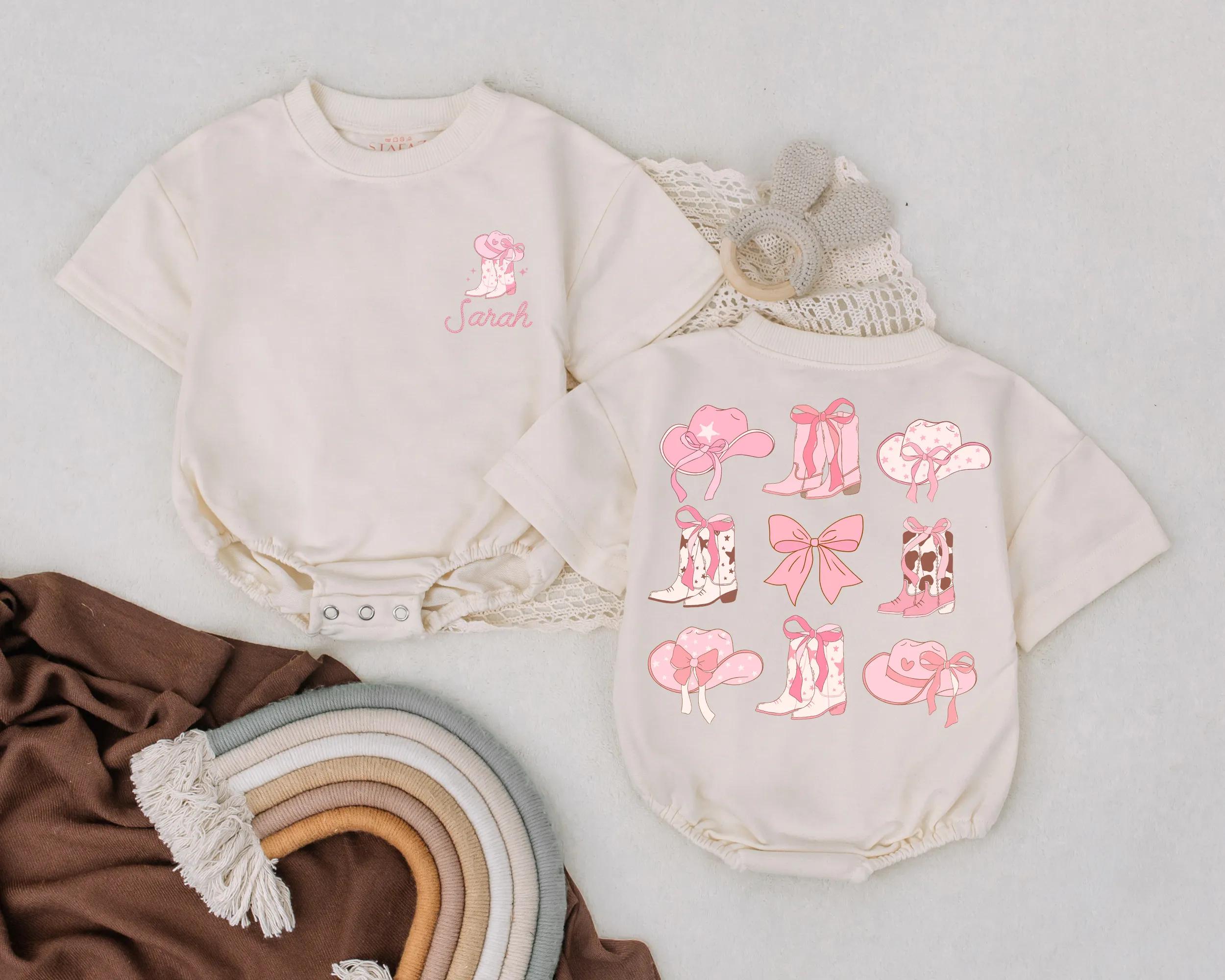 Personalized Pink Cowgirl Romper with Bow Baby Girl Birthday Outfit Custom Name Rodeo Theme Soft Cotton Summer Gift