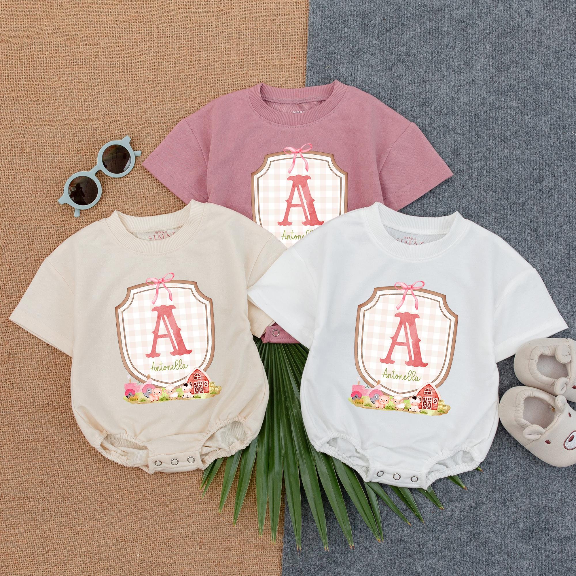 Adorable Personalized Farm Girl Romper with Red Letter A Cute Country Birthday Outfit Cotton Soft Comfort Baby Gift Playful Design
