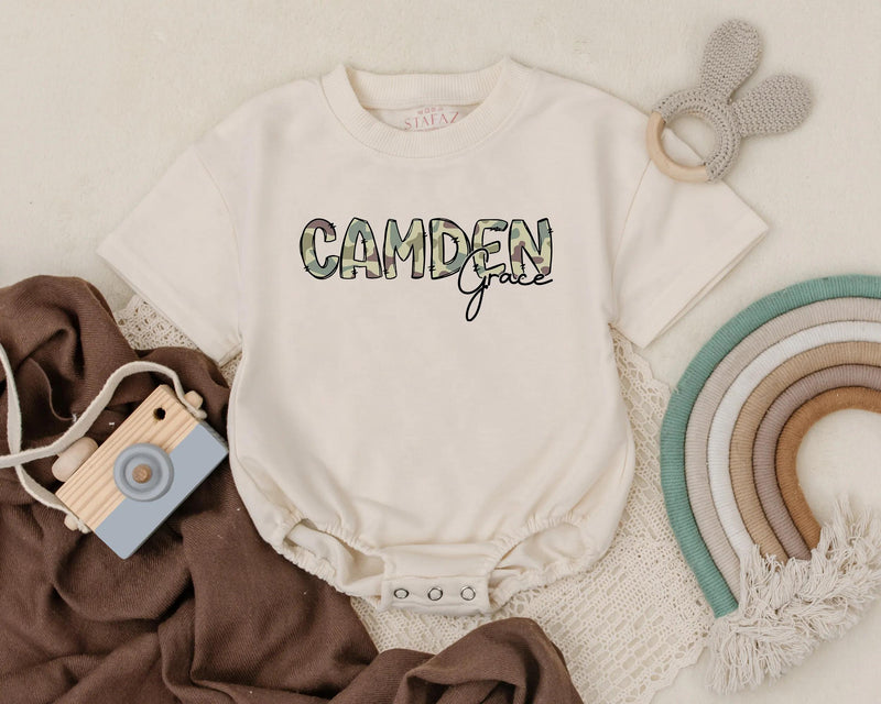 Personalized Camden Grace Baby Romper with Camo Pattern Outdoor Nature Summer Outfit for Infant Boy Duck Theme Cotton Comfortable Wear