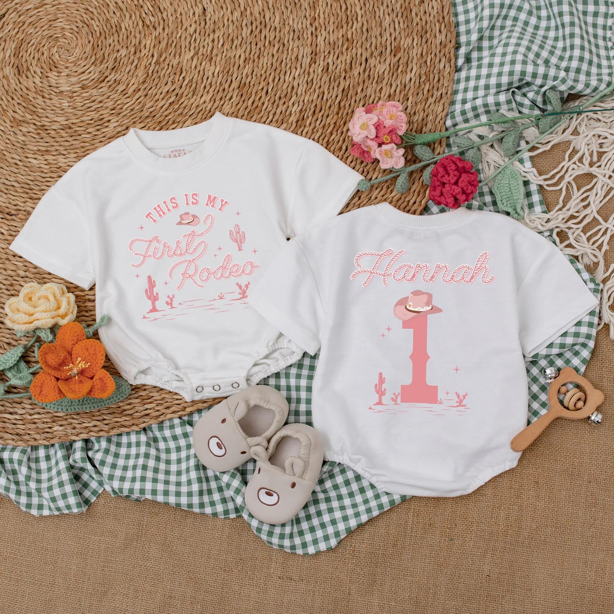 Custom Pink Cowgirl Baby Romper This is My First Rodeo Outfit Western Theme First Birthday Gift with Cactus Stars Personalized Name