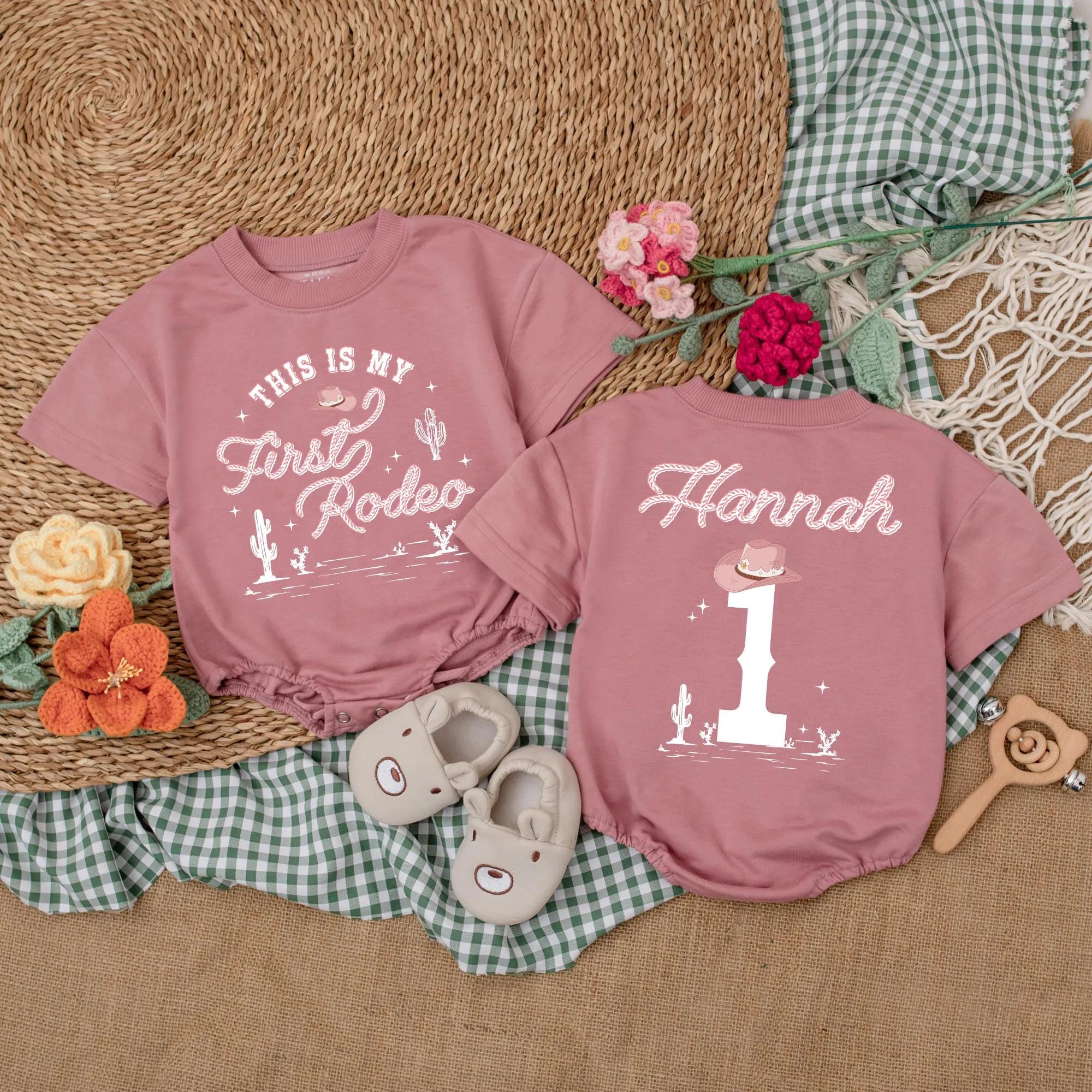 Custom Pink Cowgirl Baby Romper This is My First Rodeo Outfit Western Theme First Birthday Gift with Cactus Stars Personalized Name