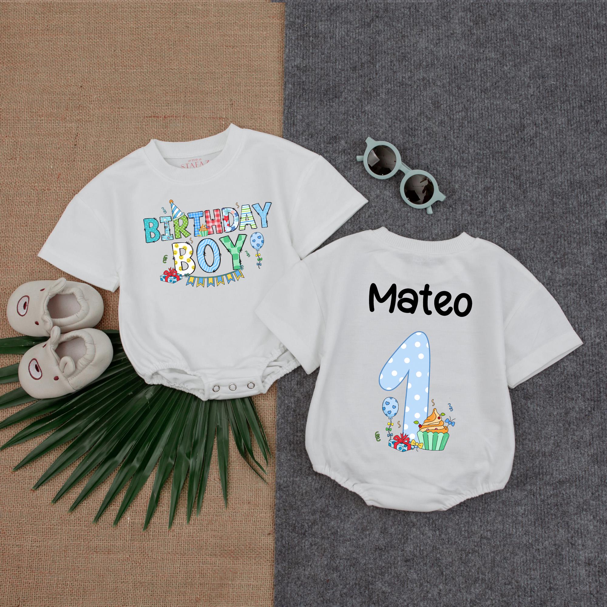 Custom Birthday Boy Romper with Cupcake Design for Baby's First Party Vibrant Colors Personalized Name Outfit Toddler Celebration Gift