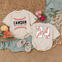 Custom Baseball Baby Romper with Name and Number Sporty Game Day Outfit for Boys Red Stitching Camden 24 Playful Gift Idea