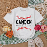 Custom Baseball Baby Romper with Name and Number Sporty Game Day Outfit for Boys Red Stitching Camden 24 Playful Gift Idea