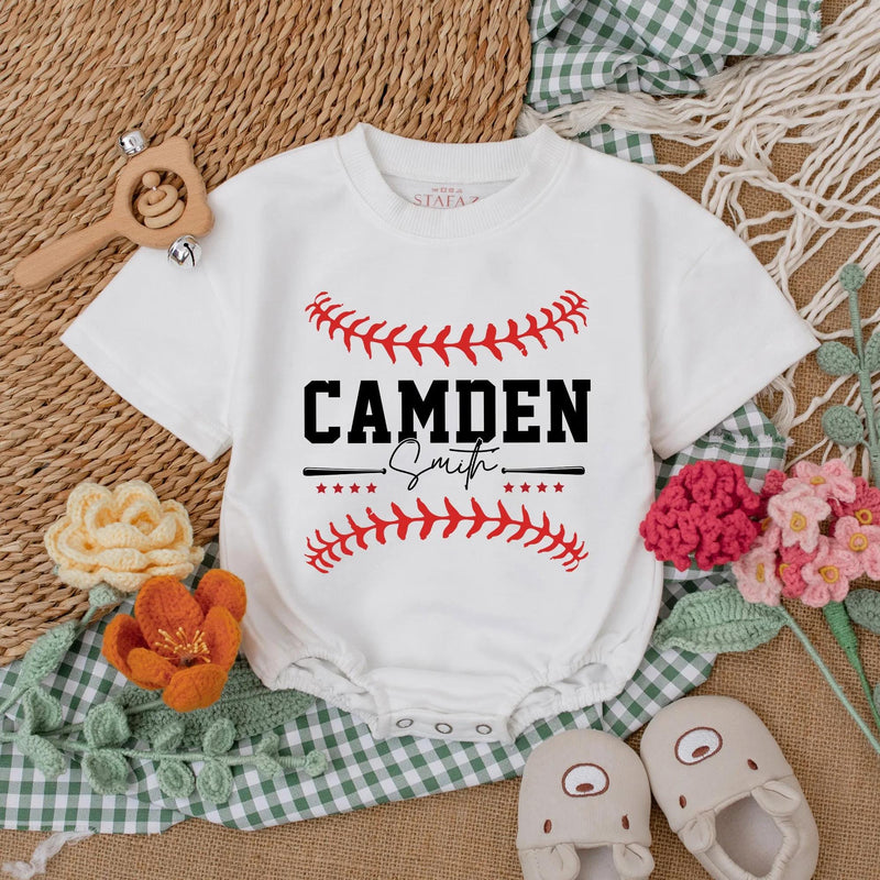 Custom Baseball Baby Romper with Name and Number Sporty Game Day Outfit for Boys Red Stitching Camden 24 Playful Gift Idea