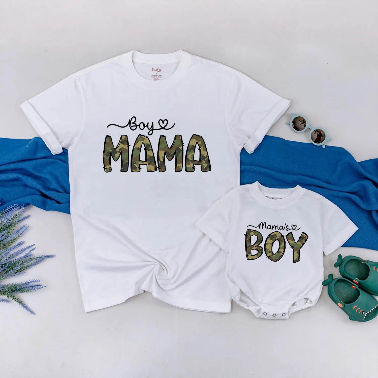 Boy Mama Shirt and Mama's Boy Romper Matching Outfit for Mom and Son Camouflage Design with Heart Baby Clothes Perfect Gift Cotton