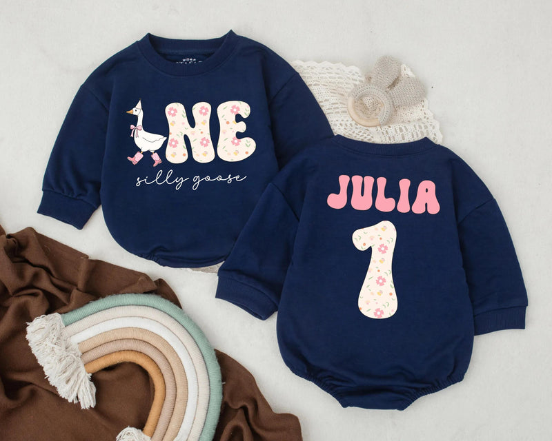 Personalized First Birthday Romper Floral Silly Goose Design Custom Name Baby Girl Outfit Soft Pastel Infant Party Clothes Gift