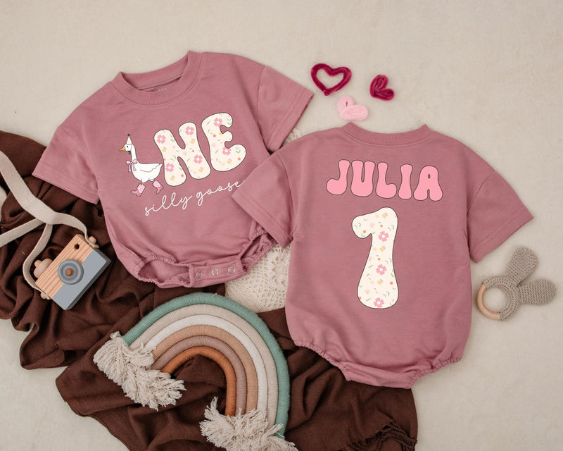 Personalized First Birthday Romper Floral Silly Goose Design Custom Name Baby Girl Outfit Soft Pastel Infant Party Clothes Gift