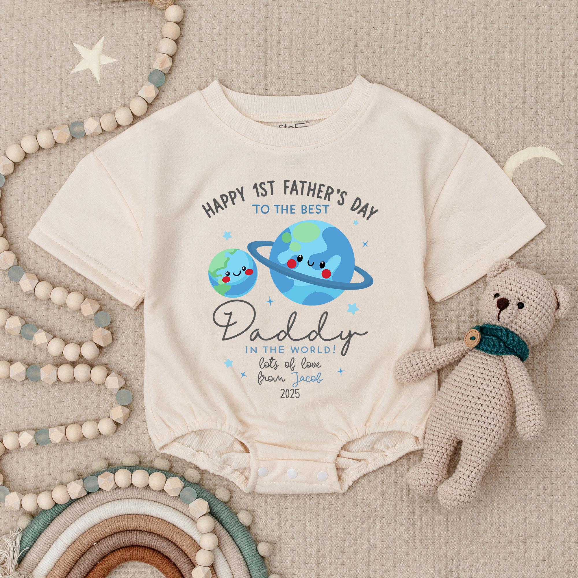 Personalized Happy 1st Father's Day Romper for Baby Saturn and Stars Design with Custom Name and Year Gift for New Dads