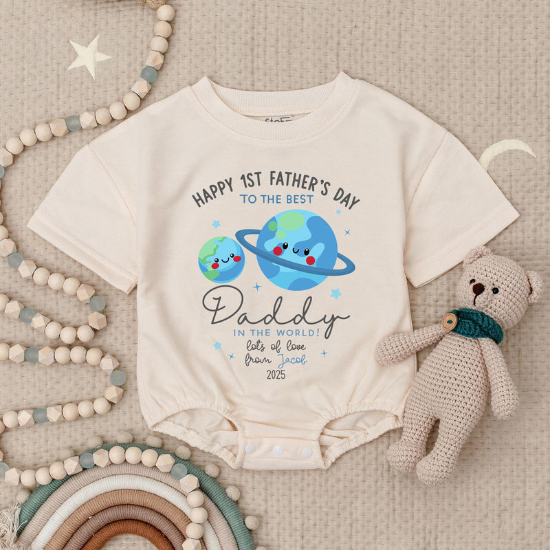 Custom Baby Romper for Happy 1st Father's Day, Soft Cotton Outfit with Planet Artwork, Perfect First Father’s Day Gift for Daddy