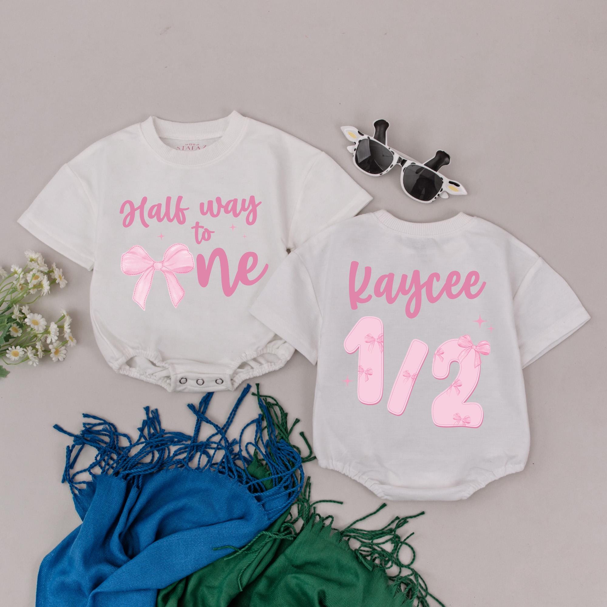 Personalized Half Birthday Romper with Pink Bow for Baby Girl 6 Months Celebration Outfit Soft Custom Name Kaycee 1/2 Year Milestone Gift