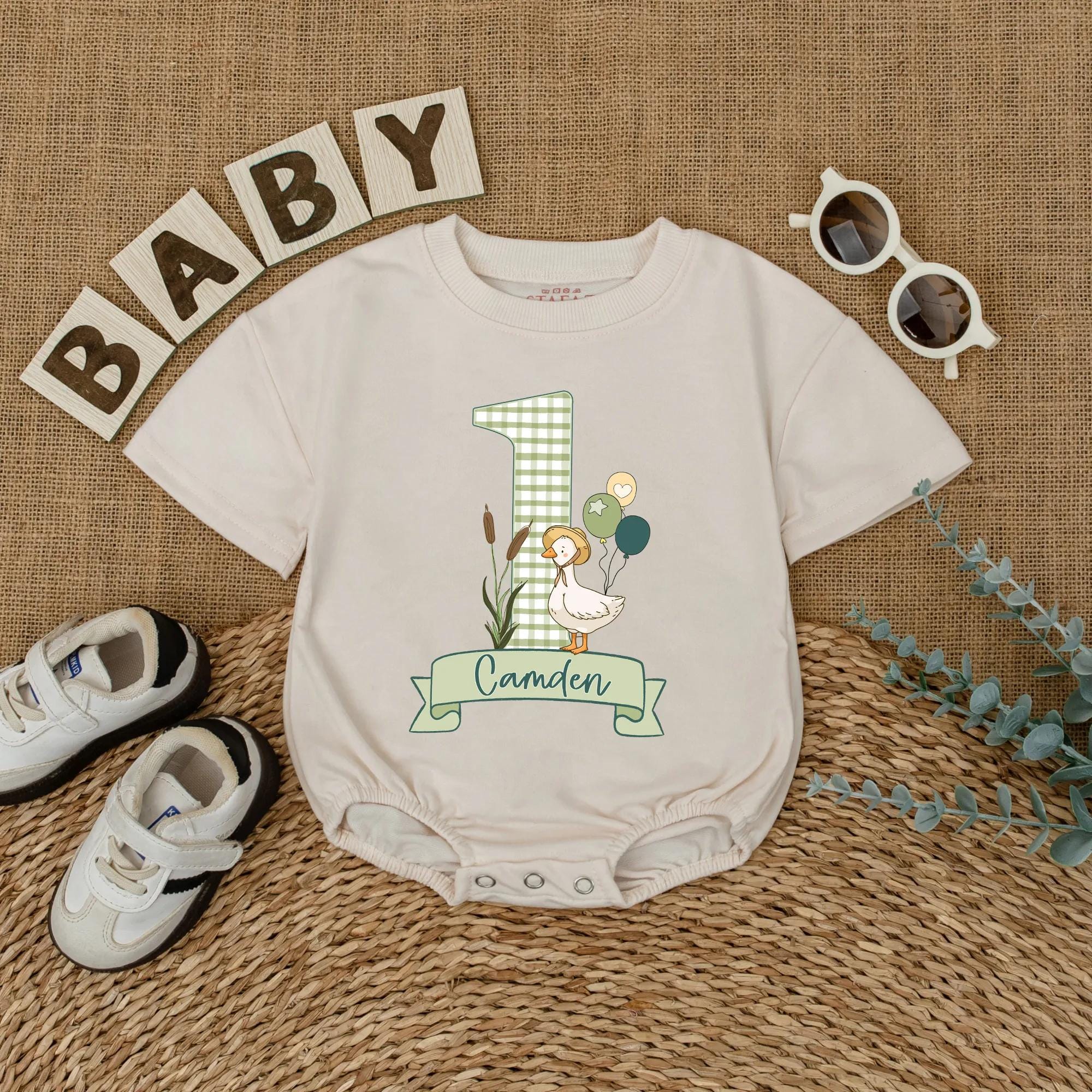 Personalized Baby First Birthday Romper with Goose and Balloons Soft Green Camden Name Outfit Gift Cute Infant Celebration Clothes