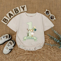 Personalized Baby First Birthday Romper with Goose and Balloons Soft Green Camden Name Outfit Gift Cute Infant Celebration Clothes