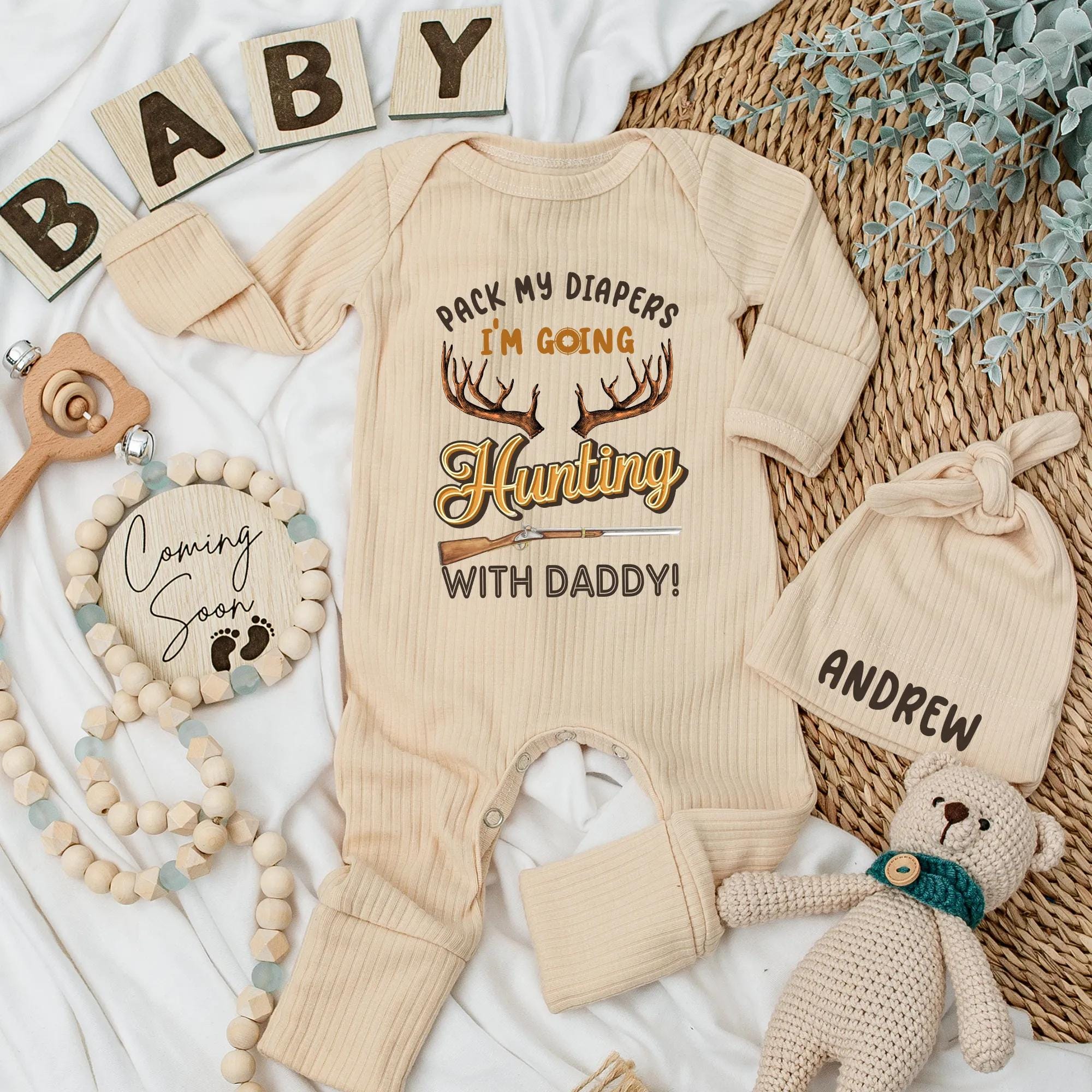 Pack My Diapers I'm Going Hunting with Daddy Bodysuit Personalized Newborn Boy Outfit Baby Shower Gift for Hunter Dad Adventure