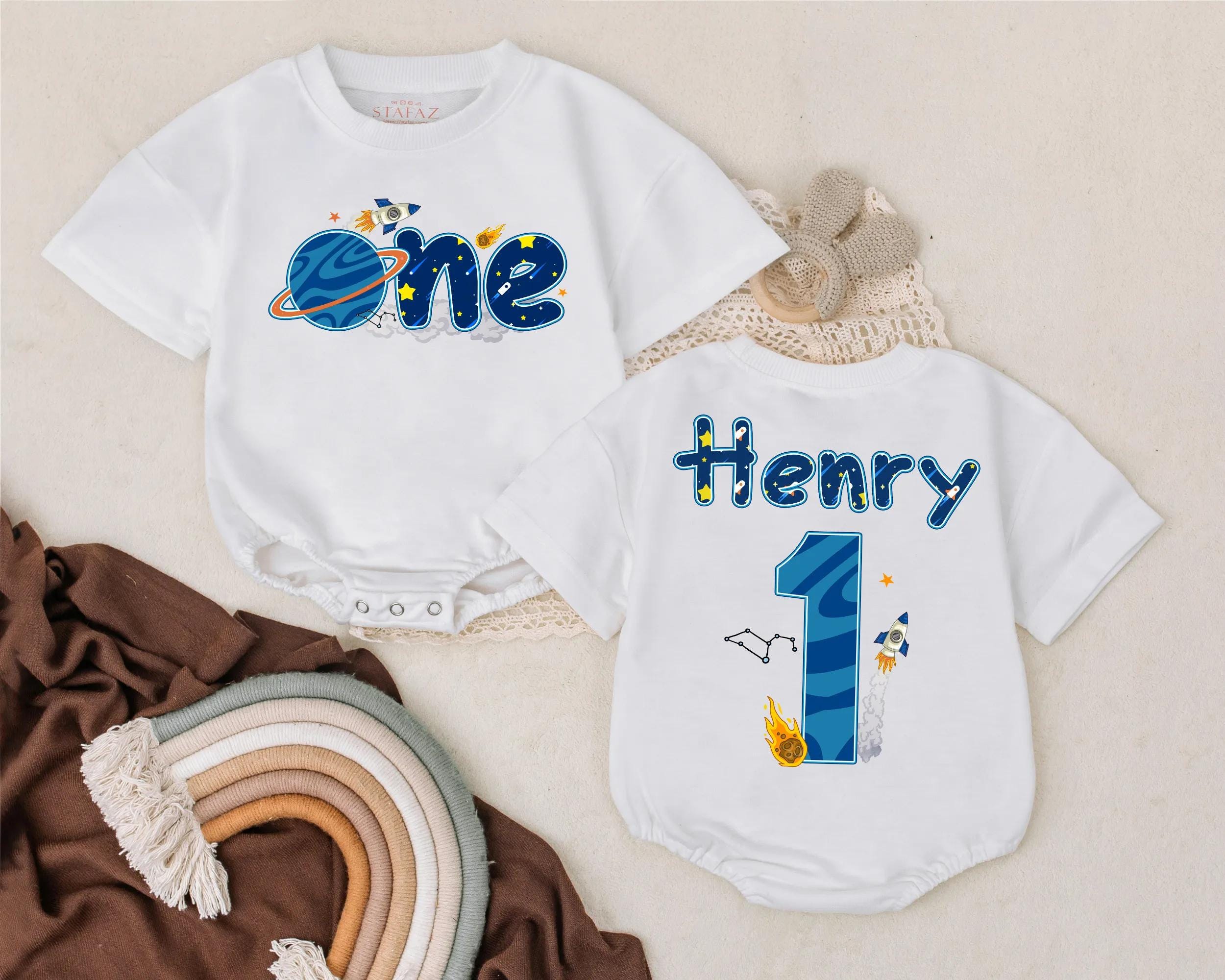Personalized Space Adventure Romper for Baby Boys First Birthday Whimsical Rocket Planet Theme Outfit Custom Name Henry 1st Party Gift