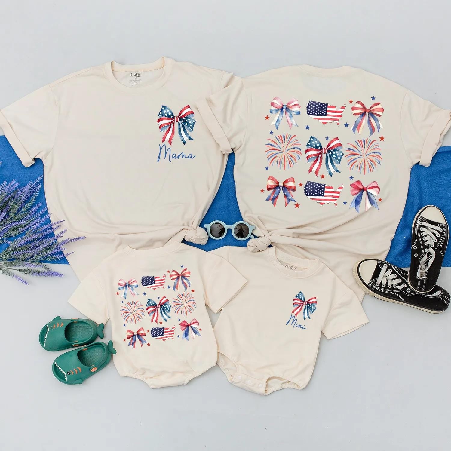 Patriotic Mama and Baby Matching Outfits Red White Blue Fireworks Family Shirts USA Romper Celebrate 4th of July Independence Day
